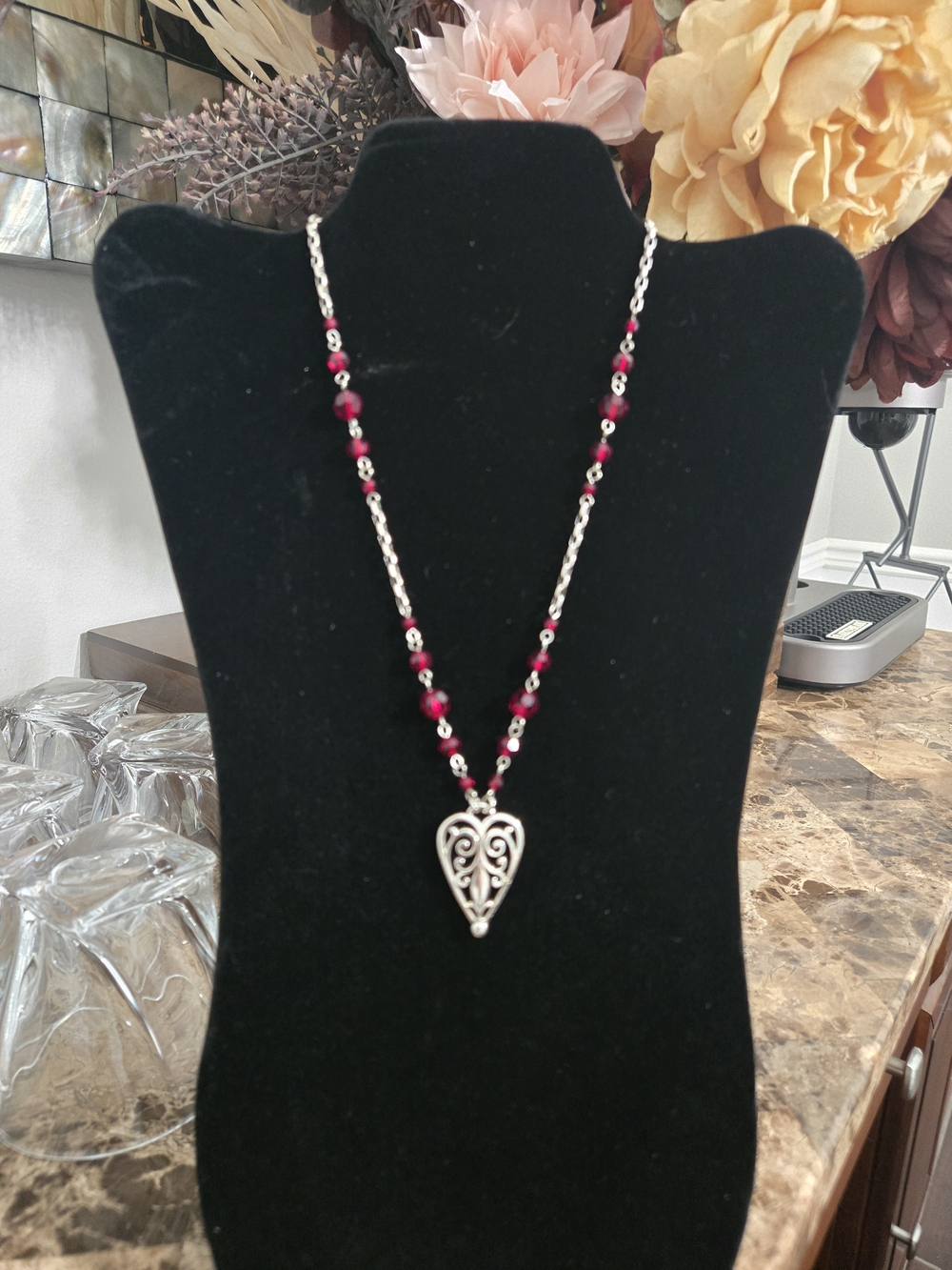 Silver Filigree Heart Pendant Necklace with Ruby Beads